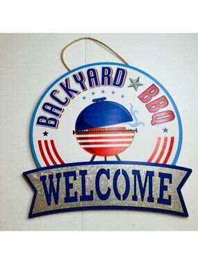 Backyard BBQ Welcome patriotic decoration Fourth of July Independence Day sign
